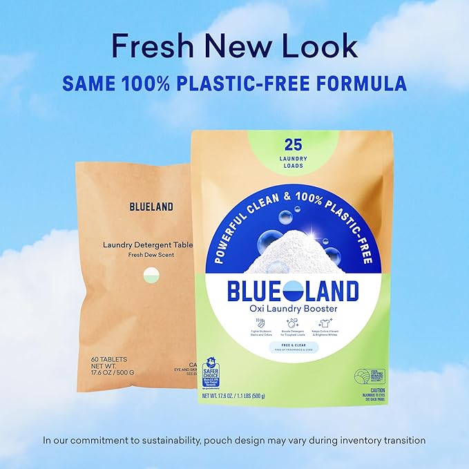BLUELAND Oxi Laundry Booster Powder Refill 2-Pack, Clear Skies Scent, 50 Loads, 35.2 oz, Plastic-Free, Eco Friendly, Oxy Cleaner, Stain Remover