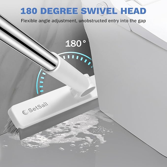 SetSail Grout Cleaner Brush with Long Handle, V-Shaped Floor Scrub Brush Swivel Grout Brush Stiff Bristle Floor Grout Scrubber for Bathroom, Tile Line, Crevice, Kitchen, Wall, Deck, Garage, White Grey