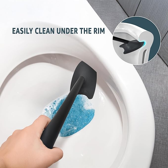 Broombi Sani-Flex Toilet Brush Squeegee and drip-Less Holder Set with a Patented Silicone Bristle-Free Head - no Mess, no clinging gunk or Poo, Super Clean Solution (Black)