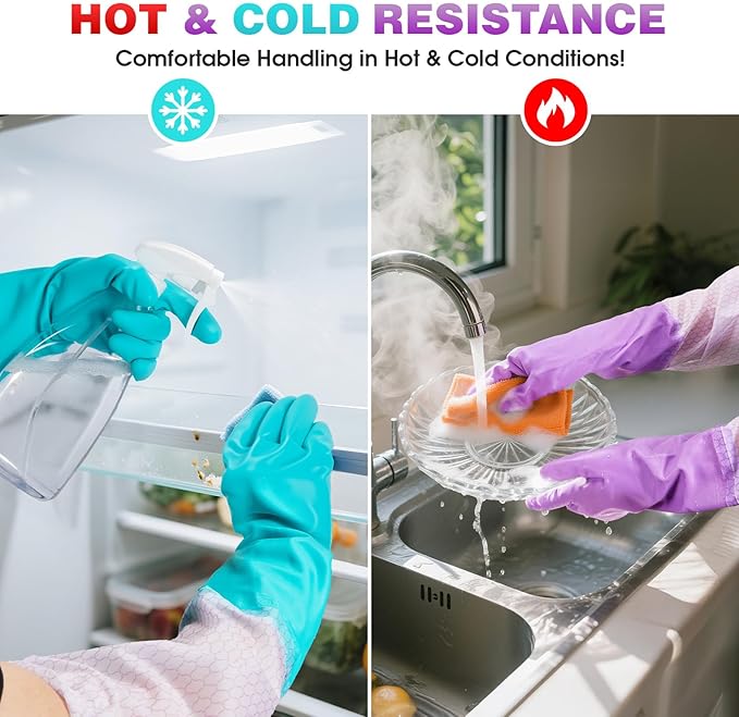 Elgood Reusable Long Sleeve Dishwashing Cleaning Gloves with Latex Free,Cotton Lining,Kitchen Gloves 2 Pairs,Purple+Blue L
