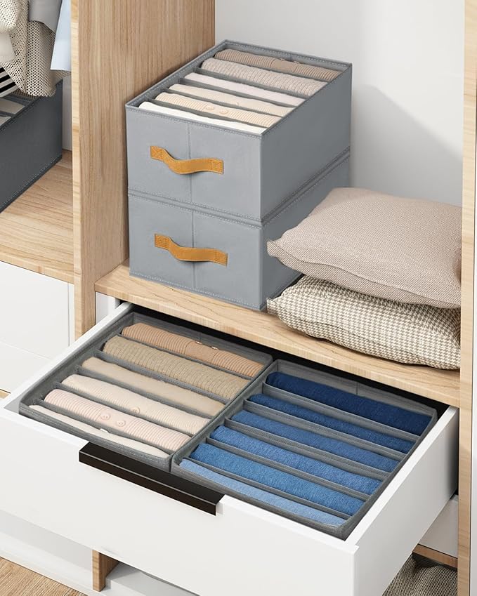 DIMJ Large Wardrobe Clothes Organizers - Foldable Closet Clothing Organizer for Jean Sweater Shirt Pants Underwear Bra, Divided Clothes Drawer, Grey Closet Shelf Organizer Boxes