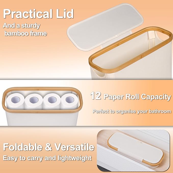 efluky Toilet Paper Basket 28L, Toilet Paper Holder with Lid for Bathroom, Free Standing Storage Organizer Holds Up to 9-12 Rolls (Beige, 1)