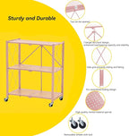 BRIAN & DANY 3-Tier Foldable Storage Shelves with Wheels, No Assembly Folding Shelf Metal Rack, Shelving Unit for Kitchen, Garage, Pink