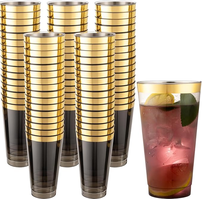 LIYH 100 Pcs Gold Plastic Cups - 16 oz Clear Black and Gold Rim Plastic Wine Cups Big Size Fancy Disposable Wine Glasses Party Cup Beverage Drinking Cup for Party & Wedding