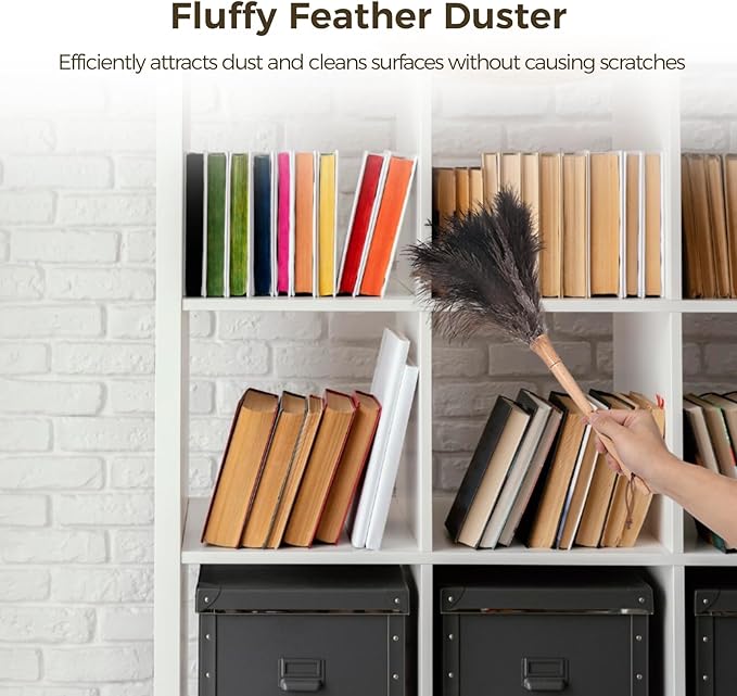 5 Pcs Bird Feather Dusters, Fluffy Feathers with Wooden Handle, Washable & Reusable Cleaning Supplies, Natural Non-Static Dusting for Home, Office, Car, 17.3" Long
