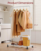 Sakugi Clothes Rack - Metal Coat Rack with Bottom Shelf, Portable Wardrobe Rack with 6 Side Rods, Rolling Clothing Rack for Hanging Clothes for Bedroom or Laundry Room (White, 28.7 x 17 x 59.4)