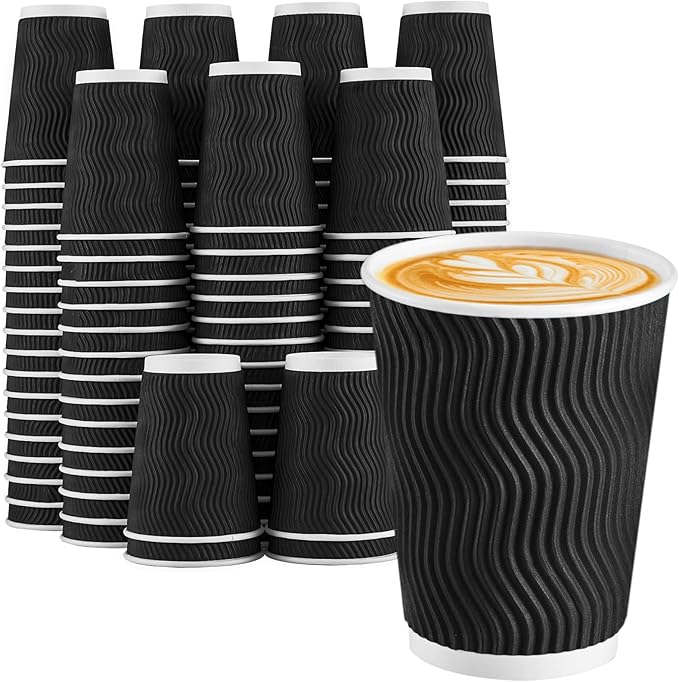 Lamosi Disposable Coffee Cups 12 oz 100 Pack, Paper Coffee Cups 12 oz for Hot Drinks or Cold Beverages, Insulated Corrugated Ripple Wall Cup for Office, Cafe, Home or Travel (Black)