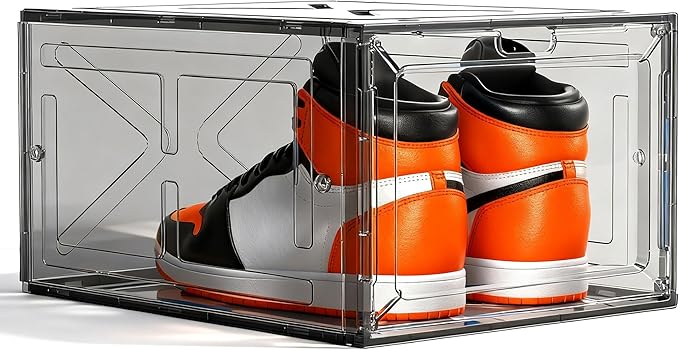 1 Pack Drop Front Shoe Box for Men’s Sneakers, Stackable Magnetic Display Case, Large Size for Up to US 13, Clear-Black Organizer – 13.5 x 10.55 x 7.5 Inches
