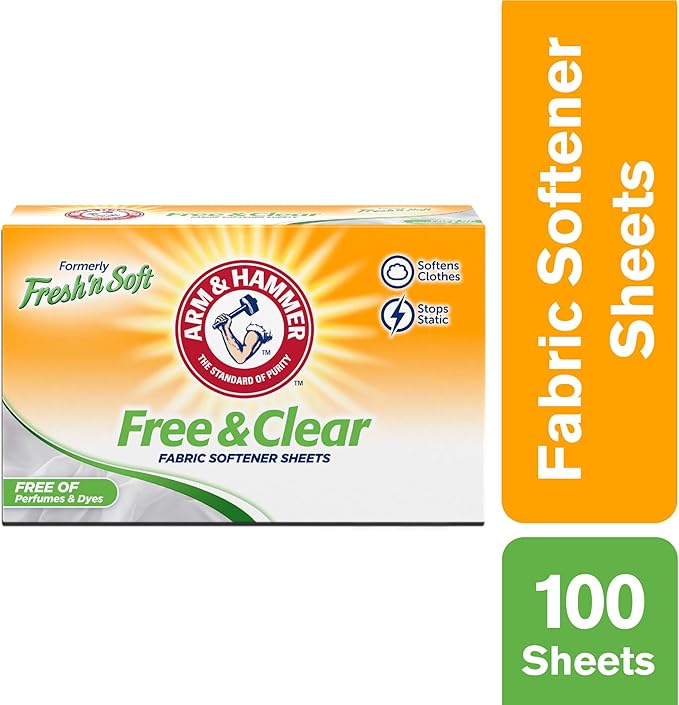 Arm & Hammer Fabric Softener Sheets, Free of Perfumes and Dyes, 100 ct (Pack of 2)