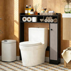 Giantex Short Over The Toilet Storage Cabinet, Bathroom Organizer w/Single Door Cabinet & Adjustable Shelves, Freestanding Space Saver Above Toilet Storage for Restroom, Laundry Room (Black+Oak)