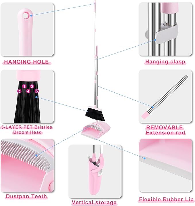 Broom and Dustpan Set, Broom Dustpan Combo Set for Home Commercial Cleaning Supplies Angle Broom with Long Handle Perfect for Courtyard Garage Street (Small-Pink)