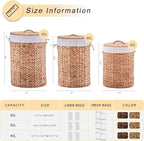 Round Water Hyacinth Laundry Hamper with Lid Handwoven Wicker Basket with Handles for Dirty Clothes, Storage, and Organization Ideal for Bedroom, Bathroom, and Laundry Room, No Assembly Required, 90L