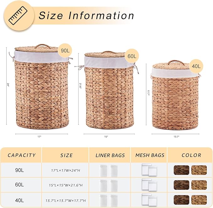 Round Water Hyacinth Laundry Hamper with Lid Handwoven Wicker Basket with Handles for Dirty Clothes, Storage, and Organization Ideal for Bedroom, Bathroom, and Laundry Room, No Assembly Required, 90L