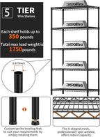 Golpart 5 Tier Heavy Duty Adjustable Storage Shelf Organizer Storage Metal Shelves Garage Wire Shelving Unit Pantry Rack 18" D x 36" W x 71.25" H,Black