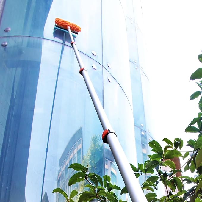 23 ft High Reach Window Squeegee & Cobweb Duster with Extension Pole, 2 in 1 Squeegee for Window Cleaning, Spider Web Brush with Lightweight 4-16.5 ft Telescoping Pole for Outdoor Indoor Car Cleaning