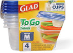 Glad GladWare To Go Snack Food Storage Containers with Lids, Medium Rectangle BPA Free Plastic with Built-In Dressing Cup for Salads and Snacks, Microwave Dishwasher Safe, 24 Oz, 4 Count