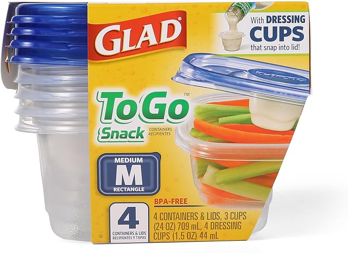 Glad GladWare To Go Snack Food Storage Containers with Lids, Medium Rectangle BPA Free Plastic with Built-In Dressing Cup for Salads and Snacks, Microwave Dishwasher Safe, 24 Oz, 4 Count