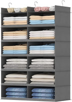 Lifewit Dual-Row 6 Tier Hanging Closet Organizer and Storage, Wide Clothes Storage Shelves with 3 Sturdy Hooks for Clothing Organization, Large Foldable Sweater Shelf for Bedroom, 12 Sections, Grey