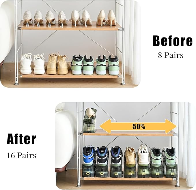 12 Pack Shoe Slots Organizer Adjustable Level Shoe Stacker Holder Storage Space Saving Sneakers Display Tray Rack for Closet (Green Transparent, 12Pack)
