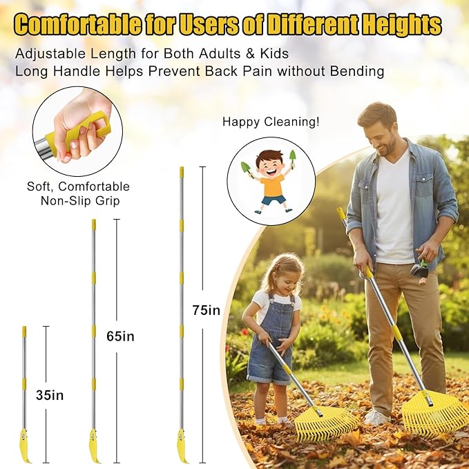 Plastic Leaf Rake - Lightweight Lawn & Garden Rake for Women, Seniors & Kids,16.5" Wide Yard Rake for Leaves, Grass & Pine Needles, Adjustable Handle 35–65"