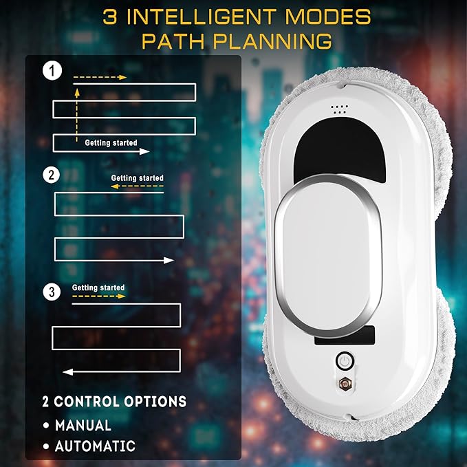 White Automatic Window Cleaner Robot W100, 11.8 x 5.9 x 4.7 Inch with 3 Modes and 10 Cloth Pads. Window Vacuum Cleaner for Windows Without Water Spray. Automatic Glass Cleaner Vacuum, 72dB
