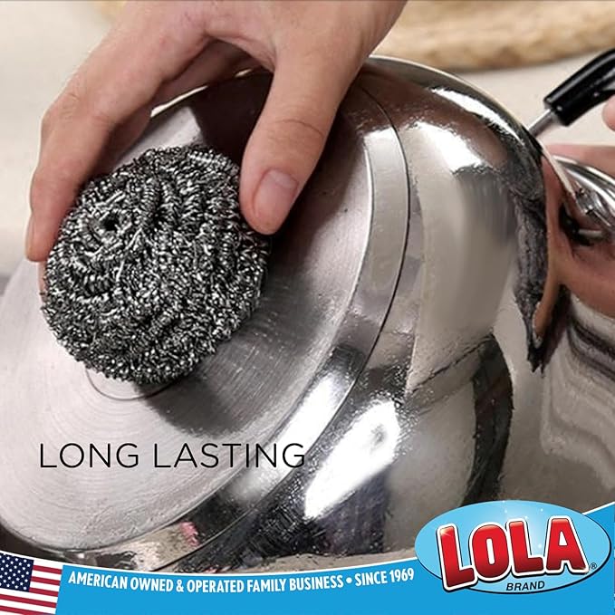 Stainless Steel Wool Scouring Pad, 2 Pack, by LOLA Brand, 18 Grams - Curled Flat Wire, Cleans Caked On & Baked On Messes on Cookware