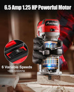 AVID POWER 6.5 Amp 1.25 HP Compact Router Tools for Woodworking, Fixed Base Wood Router with Trim Router Bits, 6 Variable Speeds, Edge Guide, Roller Guide, Dust Hood (Red, 65mm)