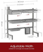 Sakugi Dish Drying Rack - Over The Sink Dish Drainer Drying Rack with Utensil & Knife Holder, Hooks, Stainless Steel Kitchen Organizers and Storage Solution, 11.8" D x 31.5"~39.0''W x 30" H, Gray