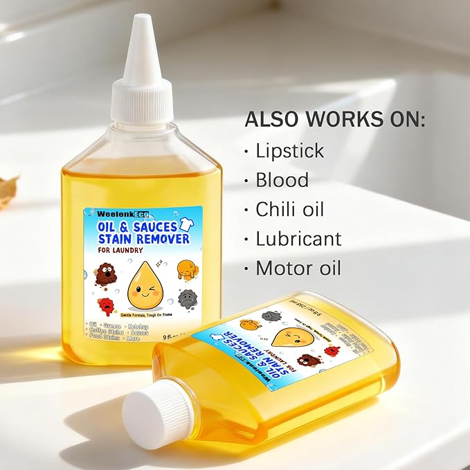 Instant Oil Stain Remover For Fabric (9 fl oz) – Effectively Eliminates Food Grease, Sauces, Motor Oil, Dried Oils, and Oily Stains. Safe for Skin and Machine-Washable Fabrics