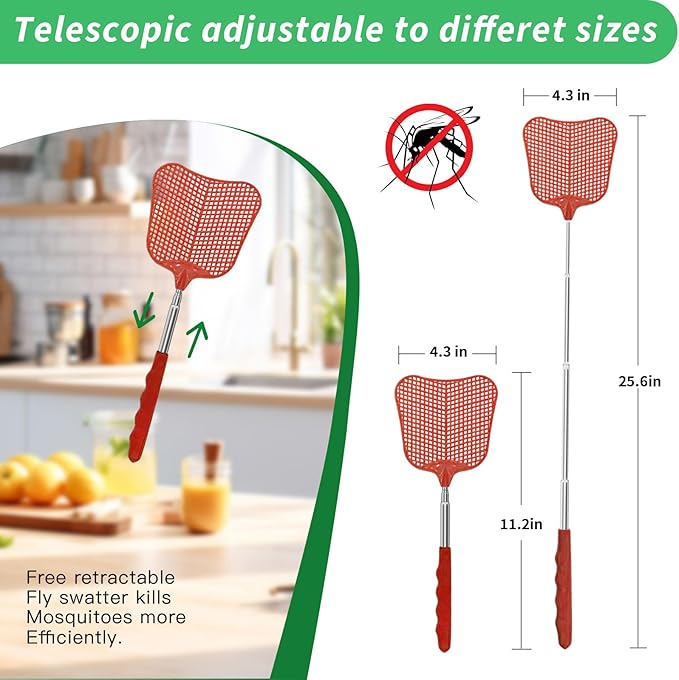 MYSTICHOME Fly Swatter 2 Pack, Durable Heavy Duty Plastic Fly Swatters, Stainless Steel Telescopic FlySwatter for Indoors/Outdoor/Kitchen/Garden (Black+Red)