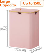 Lifewit 150L Laundry Basket with Lid, Clothes Hampers for Laundry with Bamboo Handles and 2 Removable Bag, Large Foldable Laundry Hamper for Bedroom, Bathroom, Dorm, Laundry Room, Pink