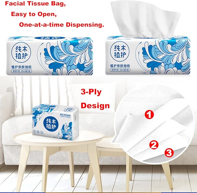 Pack of 6, Small Facial Tissues, Toilet Paper, Disposable Napkins, Material Wood Pulp Fiber NOT COTTON, White Facial Paper Tissue, 3-Ply, 300 Sheets per Pack