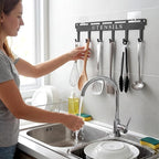 Kitchen Utensil Hanger Wall Mount Kitchen Utensil Holder Organizer Rack Rail with 6 Hooks Space Saving No Drilling Black Adhesive Wall Hooks for Hanging Cooking Utensils Set