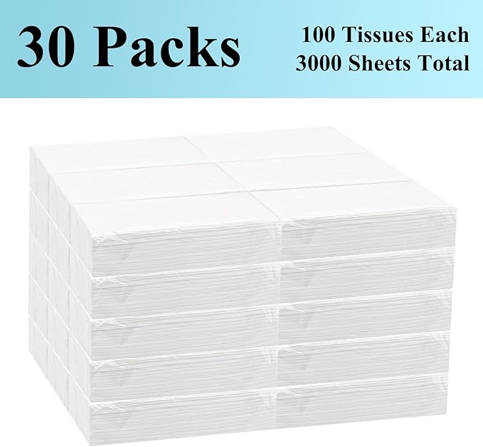 Facial Tissue Refill - 30 Packs, 100 Per Pack, 3000 Total for Tissue Box Holder. Soft Tissues Bulk for Home Office Car Restaurant Hotel