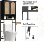 FiveWillowise Rattan Toilet Storage Cabinet, Over The Rack Wood Cabinet with Metal Stand, Bathroom Organizer with Adjustable Shelf, Tall Freestanding Washer Shelf, Small Cupboard, Black