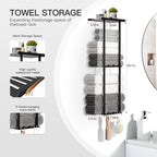 Towel Racks for Bathroom, 3 Tier Metal Towel Holder, with Shelf & 6 Hooks, 29 inch Wall Mounted Towel Storage, 6 Large Bath Towels Capacity,Small Bathroom Towel Rack for Rolled Towels, Black