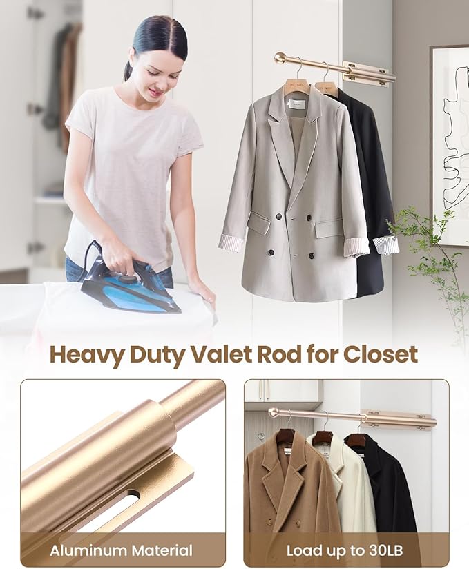 Supforce Valet Rod for Closet Pull Out, Retractable Slide Out Valet Rod Closet Organization, 12" Aluminum Valet Clothing Hanger Rods Perfect for Suits, Freshly Pressed Clothes, Gold