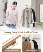 Supforce Valet Rod for Closet Pull Out, Retractable Slide Out Valet Rod Closet Organization, 12" Aluminum Valet Clothing Hanger Rods Perfect for Suits, Freshly Pressed Clothes, Gold