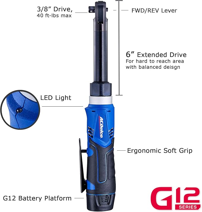 ACDelco ARW1218-3P G12 Series 12V Li-ion Cordless 3/8” 40 ft-lbs. Extended Ratchet Wrench Tool Kit (2 Battery Tool Kit)
