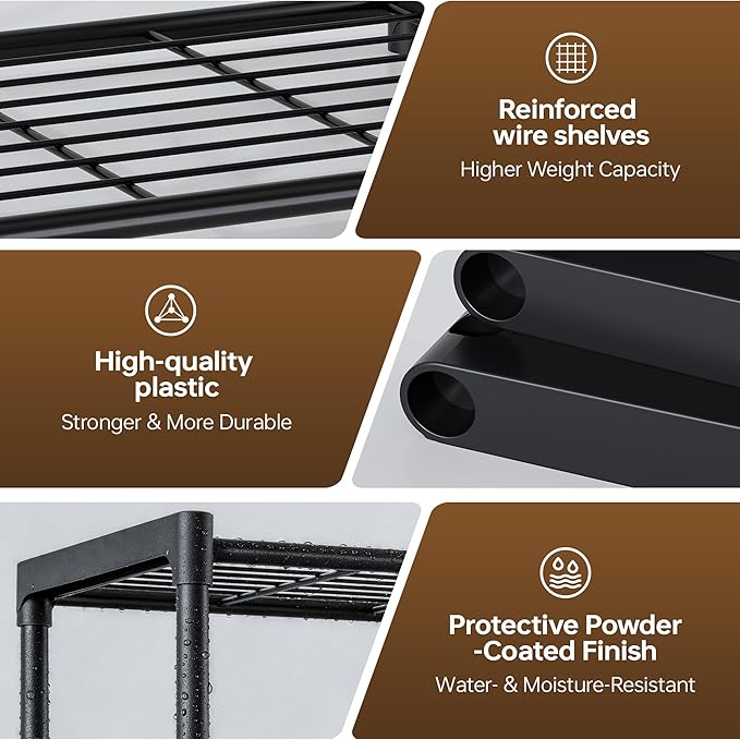 3-Tier Storage Shelves with Plastic Connectors – Metal Shelf Organizer for Pantry, Closet & Bathroom, Space-Saving Sturdy Shelving Unit Rack, Black, 17.3" x 12.8" x 28.9"