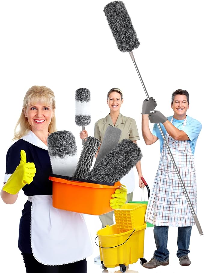 Microfiber Feather Duster with Extension Pole 30 to 100 inches, Reusable,Bendable, Washable Dusters for Cleaning Ceiling Fan, High Ceiling, Blinds, Furniture & Cars, 12PCS