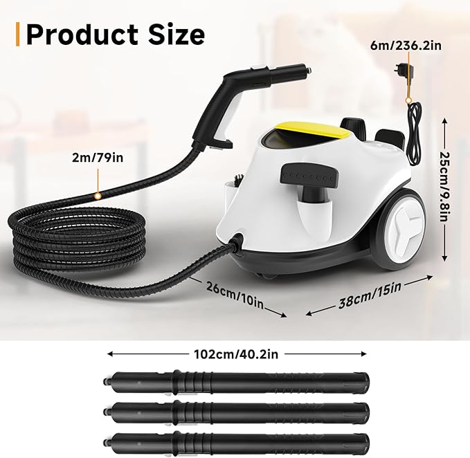 Steam Cleaner, with 27 Accessories, 2000W Portable Household Steamer, with 2.1L Tank and 6M Extra-Long Power Cord for Floor Cleaning,Tile, Carpet, Furniture, Upholstery, Grout, Kitchen, Car (white)