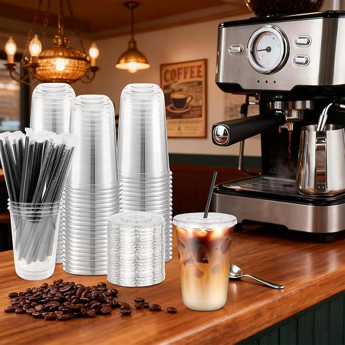 100 Pack 16 oz Clear Plastic Cups with Flat Lids and Straws, Disposable Iced Coffee To Go Cups, Plastic Smoothie Cold Drink Cup for Party, Picnic, Travel
