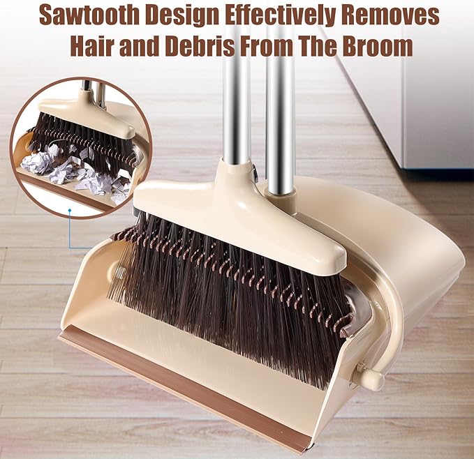 Broom and Dustpan Set with Long Handle – Upright Standing Broom Combo with Self-Cleaning Teeth & Windproof Dustpan, Floor Sweeper for Home, Kitchen, Pet Hair, Indoor Outdoor Use