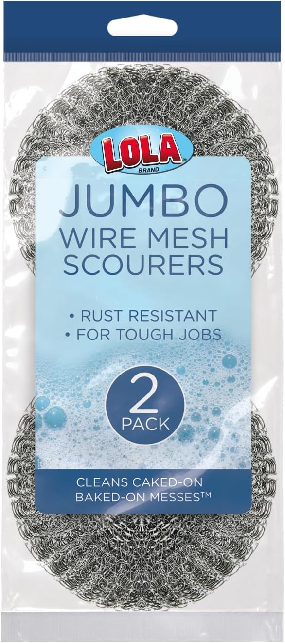 LOLA Steel Wool Wire Mesh Scouring Pad, 2 Pack, 4" Jumbo, Galvanized Steel, Heavy Duty Cleaning, Abrasive Scrubber, for Pots, Pans, Ovens, Grills