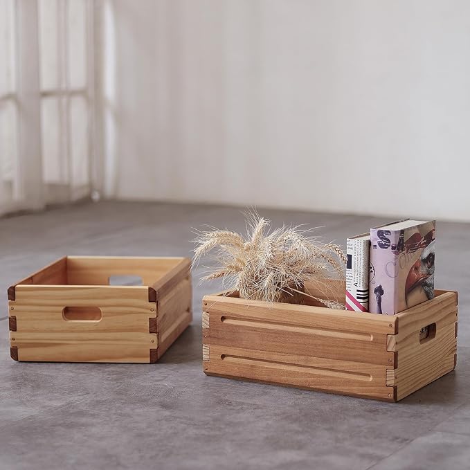 1 Pack Wooden Storage Bin of 16"x12"x6.25".Durable Open Solid Wood Box w/Handles.Farmhouse Container Shelf Baskets. Multipurpose Home Décor Organizer Crates for Display,Pantry,Book,CD