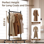 Clothes Rack, 3-in-1 Clothing Rack for Hanging Clothes, Rolling Garment Rack with Coat/Hat Hooks, Portable Coat Rack, Sturdy Wardrobe Rack Metal Closet Rack 280LBS for Bedroom Living Room, Black