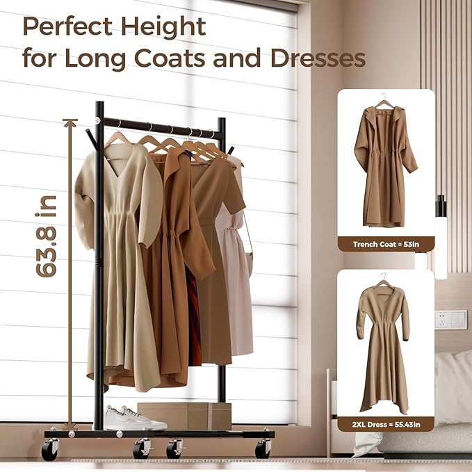 Clothes Rack, 3-in-1 Clothing Rack for Hanging Clothes, Rolling Garment Rack with Coat/Hat Hooks, Portable Coat Rack, Sturdy Wardrobe Rack Metal Closet Rack 280LBS for Bedroom Living Room, Black