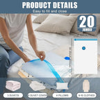20 Jumbo Vacuum Storage Bags, Vacuum Seal Bags for Clothing Space Saver Compression Storage Bag with Hand Pump Extra Large for Clothing Travel Comforters Blankets Pillow Bedding Duvets Clothes