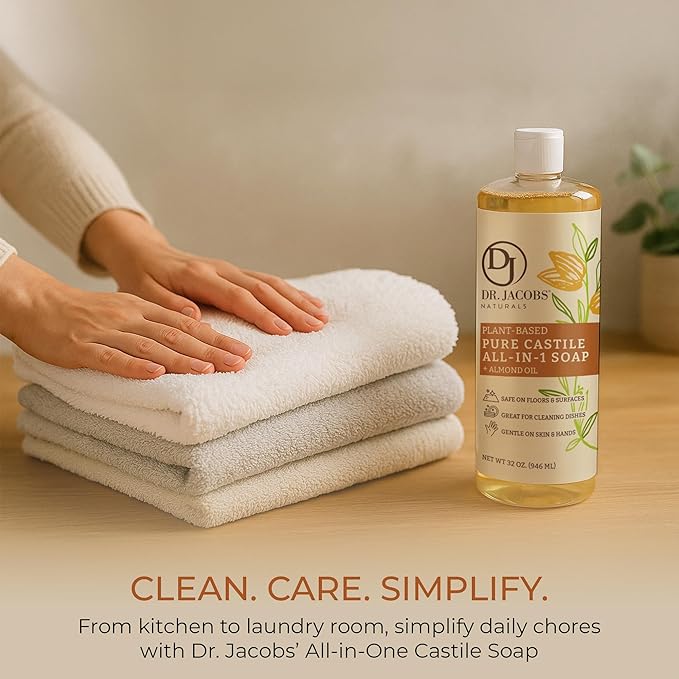 Dr. Jacobs Naturals Almond Castile All-in-One Cleaner and Soap - Plant-Based Formula for House Cleaning Floors and Appliances - Gentle on Skin and the Planet - 32 oz, 1 Pack